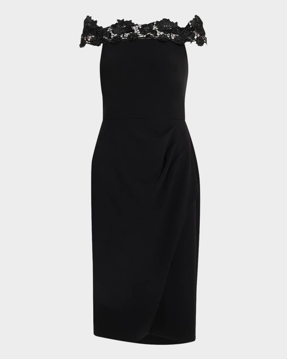 Off-Shoulder Crepe & Lace Midi Dress
